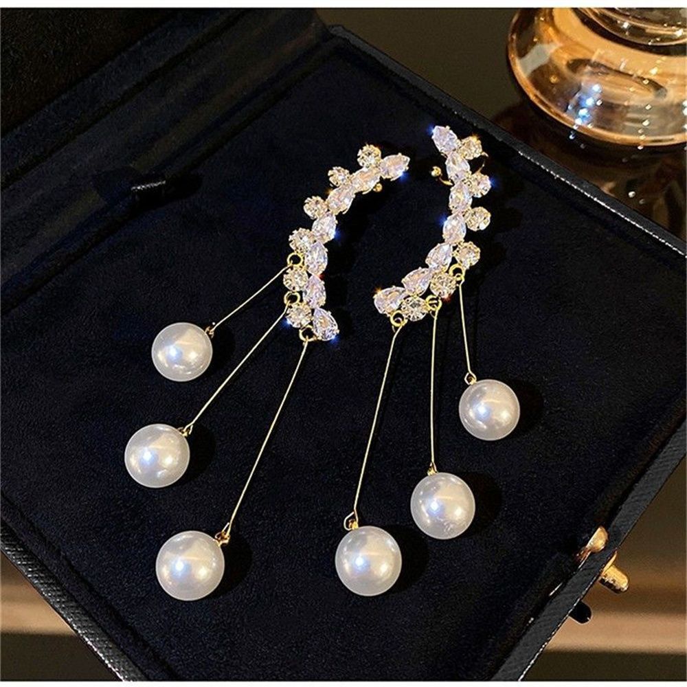 Khuyên Tai Tua Rua Đính Đá Zircon Ngọc Trai Thanh Lịch Thời Trang Cho Nữ Dự Tiệc