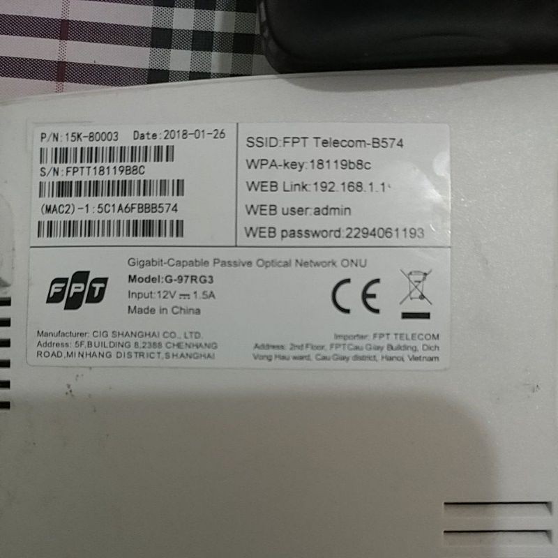 Bộ phát wifi G-97RG3 của fpt có cục nguồn