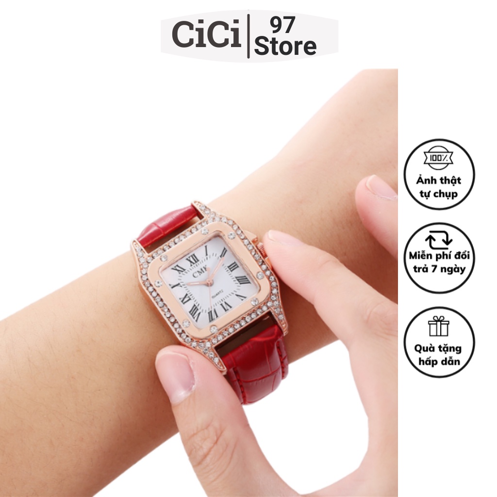 Đòng hồ nữ dây da chính hãng đẹp mặt vuông có đính đá bề mặt kính chống xước giá rẻ CiCi DHN01