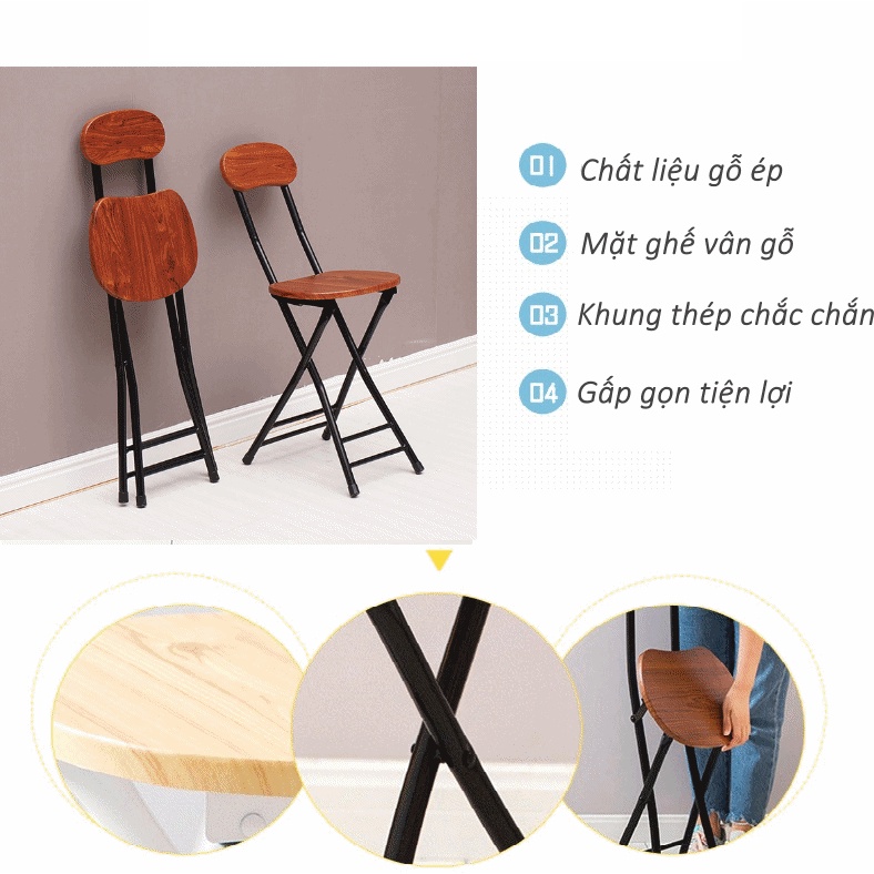 Ghế Gỗ Gấp Gọn Đa Năng,Ghế Làm Việc Tiện Lợi Khung Thép Chắc Chắn