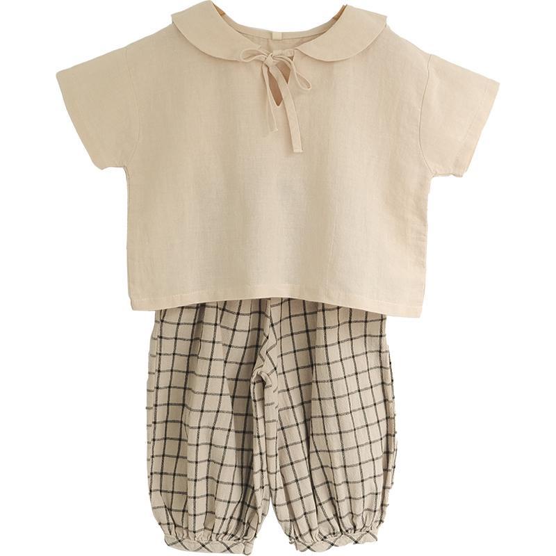 Set Áo Thun Tay Ngắn + Quần Dài Chống Muỗi Thiết Kế Mỏng Họa Tiết Sọc Caro Thời Trang Mùa Hè Theo Phong Cách Hàn Quốc Dành Cho Bé Gái 2023