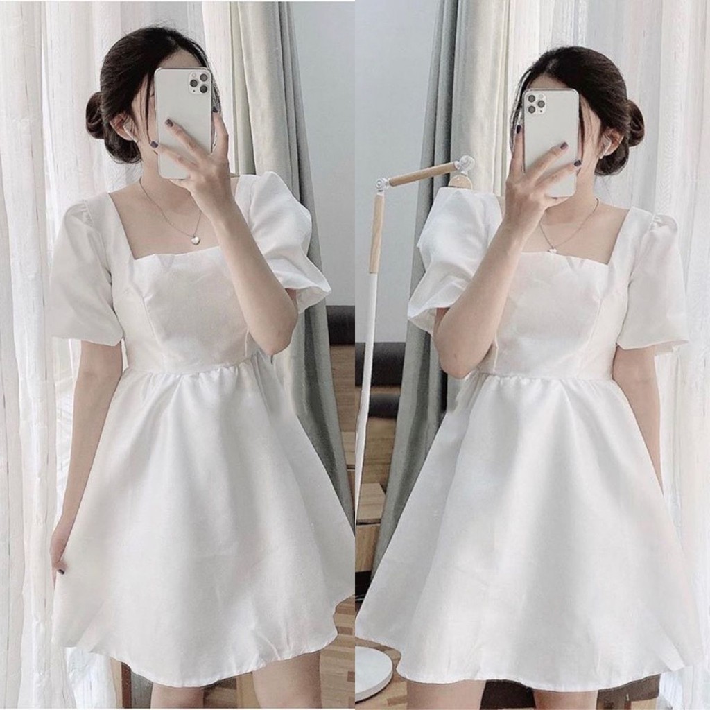 Đầm váy nữ dáng suông BabyDoll trắng cổ vuông tiểu thư cá tính xinh đẹp XUKA DRESS MT100