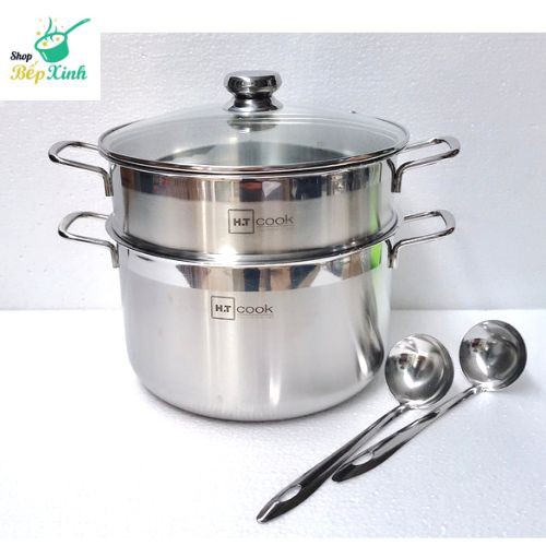 Bộ xửng hấp 1 đáy inox 430 H.T cook bếp từ nắp kính tặng 2 muỗng canh ( 28cm / 30cm )