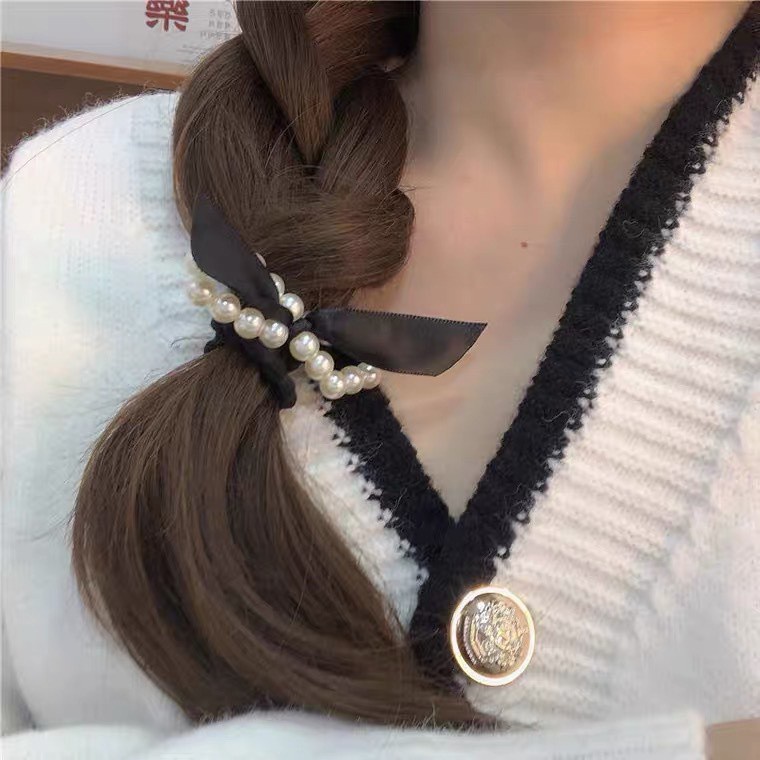 Dây buộc tóc cao su đính ngọc trai nhân tạo phong cách Retro thanh lịch