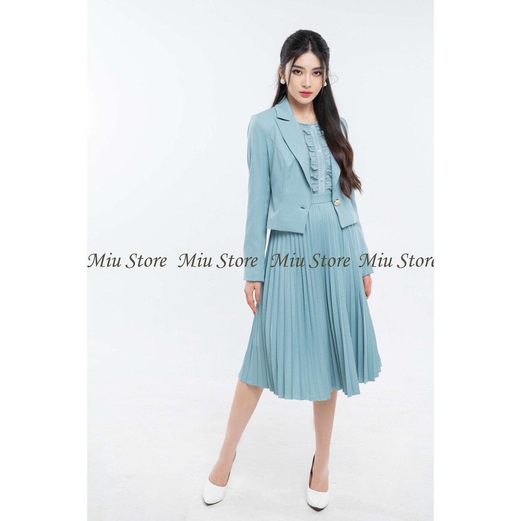 Set bộ vest nữ thiết kế công sở kèm chân váy dập ly xanh AVJ00013 | BigBuy360 - bigbuy360.vn