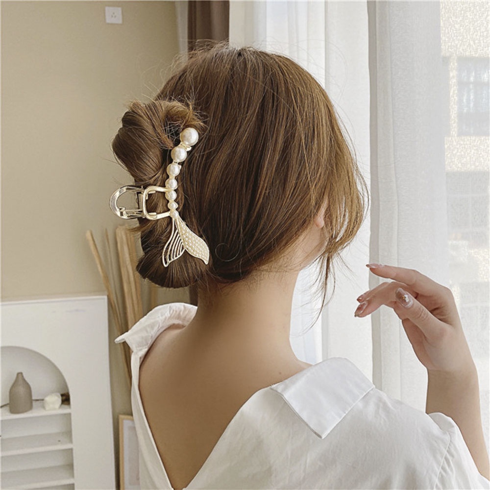 Kẹp tóc càng cua bằng hợp kim hình đuôi cá cỡ lớn đính ngọc trai xinh xắn