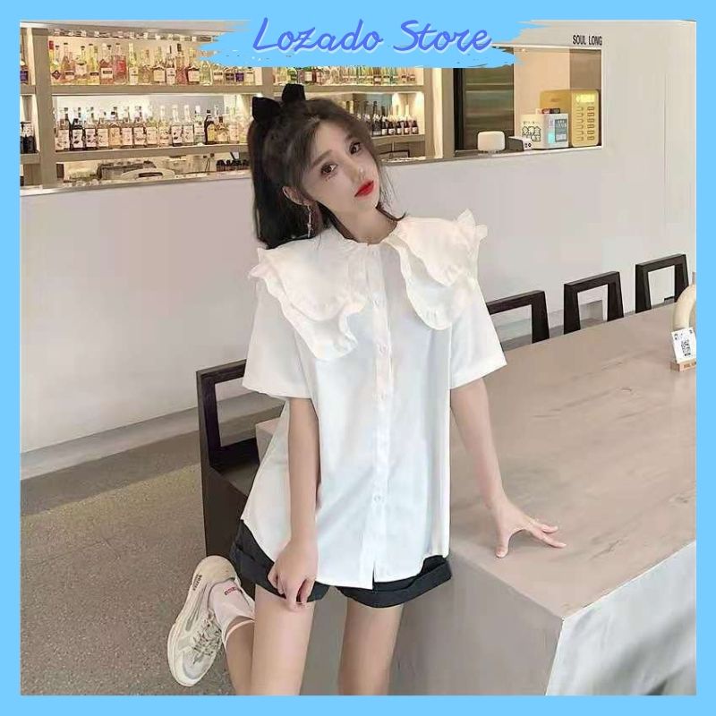 Áo sơ mi trắng nữ LOZADO áo sơ mi cộc tay cổ 2 tầng bèo xinh xắn tiểu thư A205