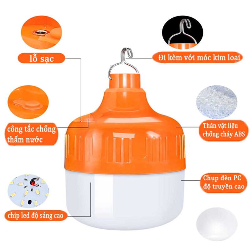 Bóng đèn led sạc pin tích điện 150W, kèm tấm pin sạc năng lượng mặt trời, có sạc điện USB