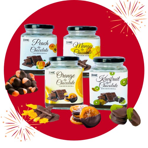🔥Combo Siêu hot🔥 Socola Trái cây 4 Hũ SHE Chocolate - Mix 4 vị Đào, Xoài, Cam, Kiwi. Đồ ăn vặt, socola đen nguyên chất v