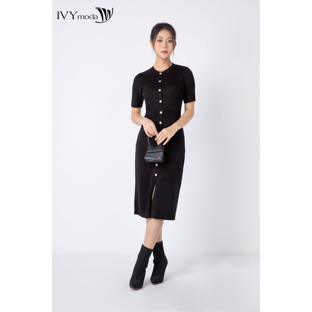 Đầm len nữ ôm xẻ gấu IVY moda MS 42B7996