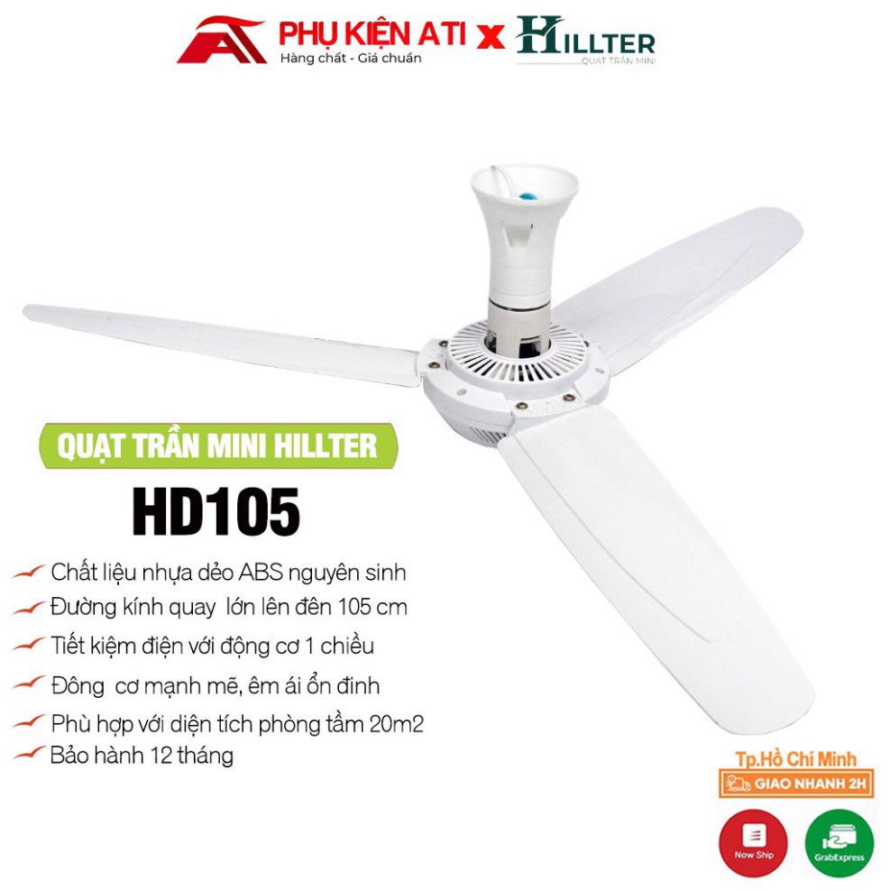 Quạt trần mini cỡ đại 3 cánh đường kính 105cm-Mát mẻ, êm ái 22W - HD105 -Chính hãng Hillter