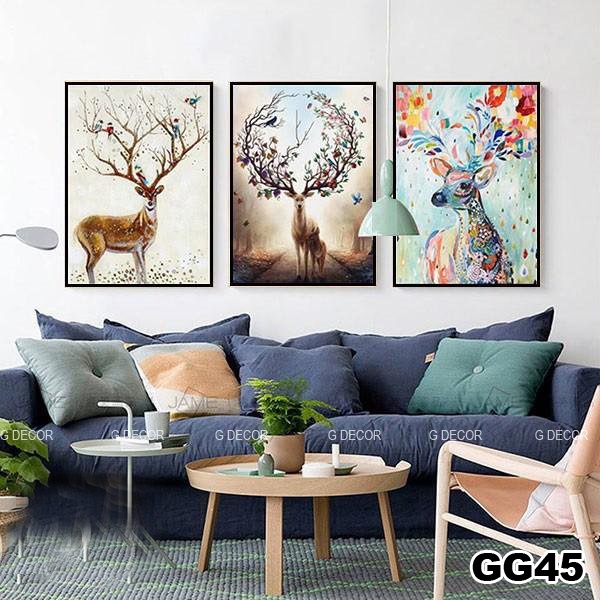 Tranh treo tường canvas khung gỗ 3 bức phong cách hiện đại Bắc Âu tranh hươu trang trí phòng khách phòng ngủ phòng ăn 01