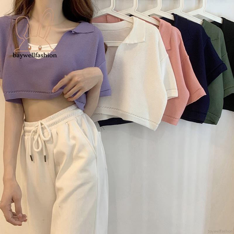 Áo Croptop Dệt Kim Tay Ngắn Thiết Kế Cổ Chữ V Quyến Rũ