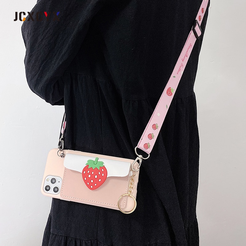 Ốp điện thoại gắn ví da mềm hình quả bơ dâu hoạt hình 3D cho Iphone 12 mini 11 Pro Max X XR XS 6S 7 8 plus SE 2020