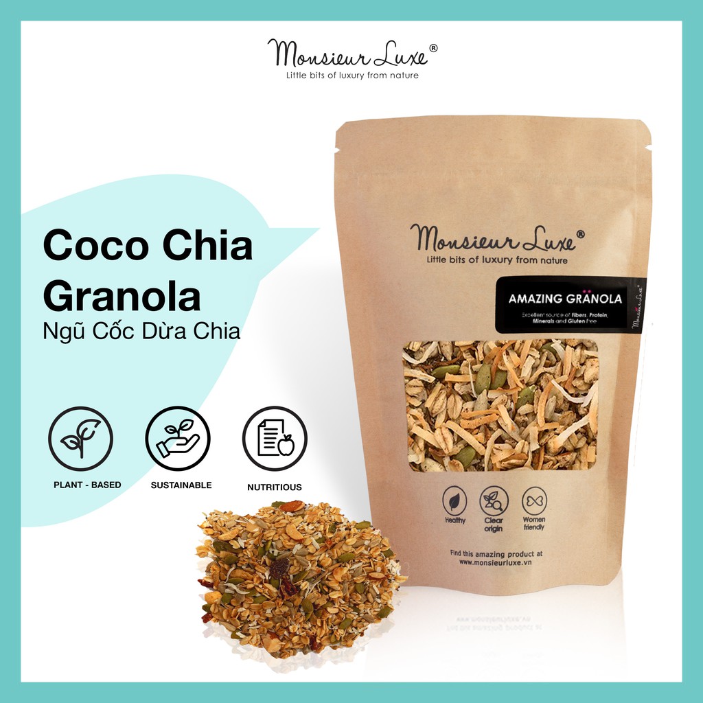 Granola cao cấp vị Dừa Chia Luxe - Gói 250g/500g - Hạt trái và trái cây khô nhập khẩu