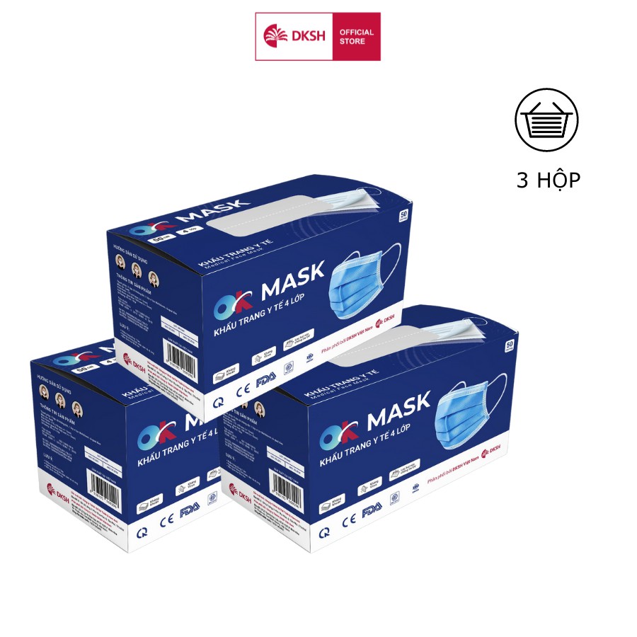 Combo 3 Hộp Khẩu Trang Y Tế Cao Cấp Ok Mask 4 Lớp, Đạt Chuẩn Kháng Khuẩn, Chất Liệu Mềm Mại