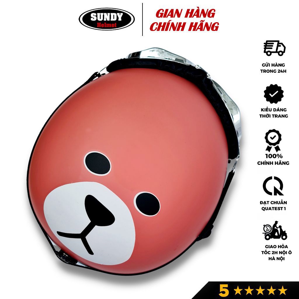 Nón bảo hiểm nửa đầu SUNDY tem Gấu Nâu, mũ 1/2 freesize (55-59cm) nam nữ, kèm kính UV, kính phi công