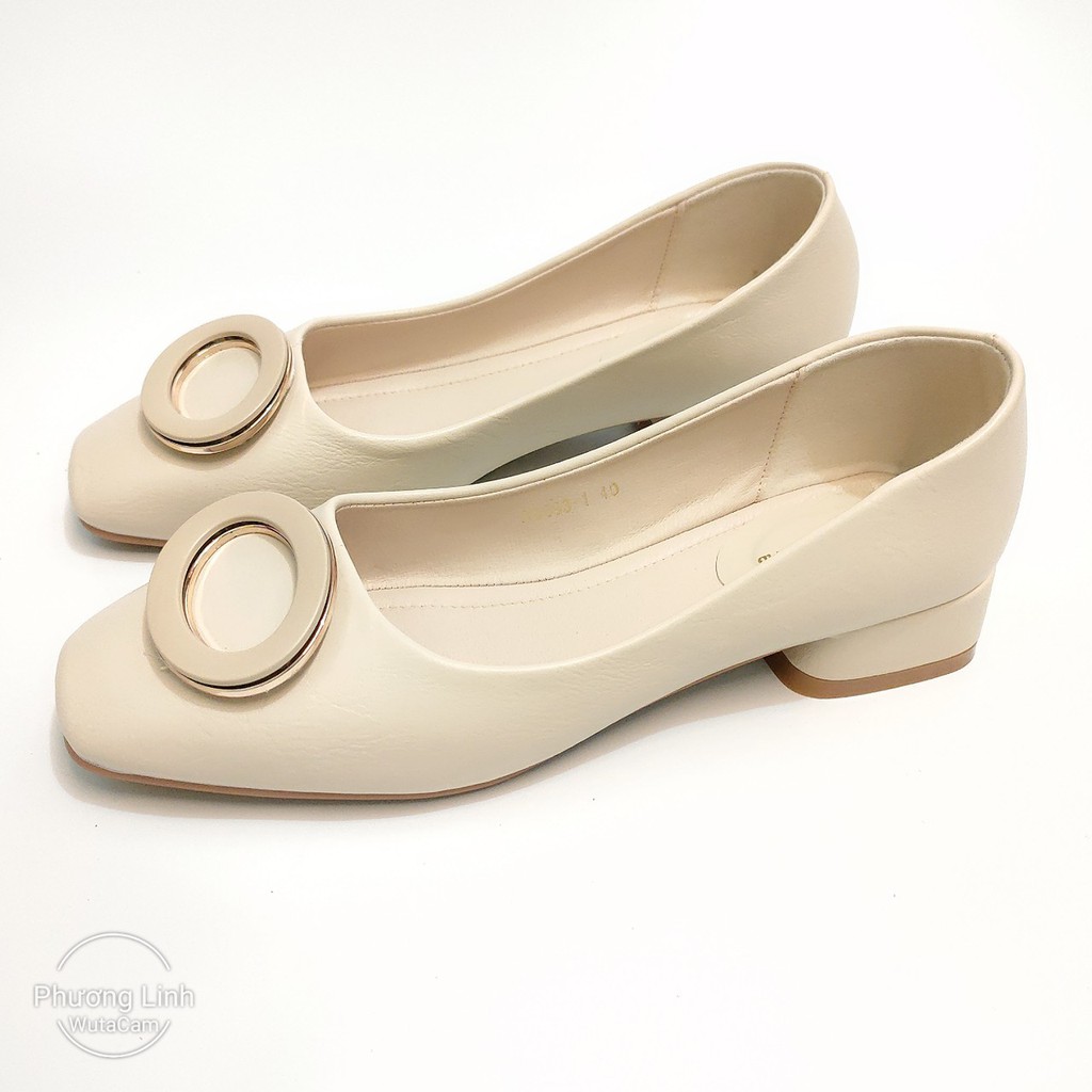 Giày búp bê nữ chính hãng OULUXYLS 3CM da mềm, màu trắng sữa B186