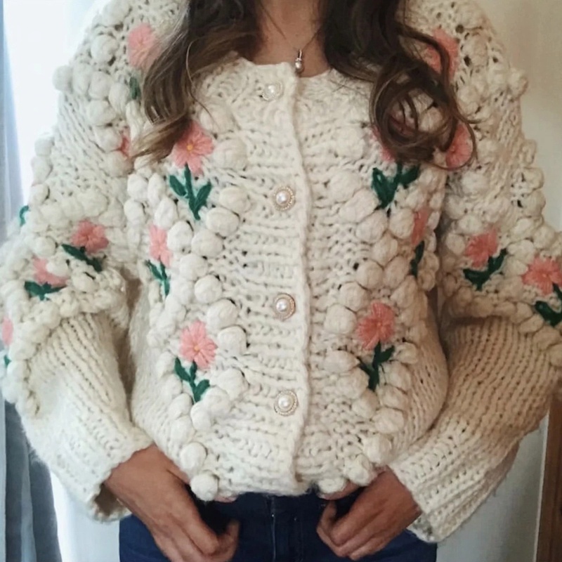 Áo Khoác Sweater Dệt Kim Tay Dài In Hoa Dễ Thương Cho Nữ