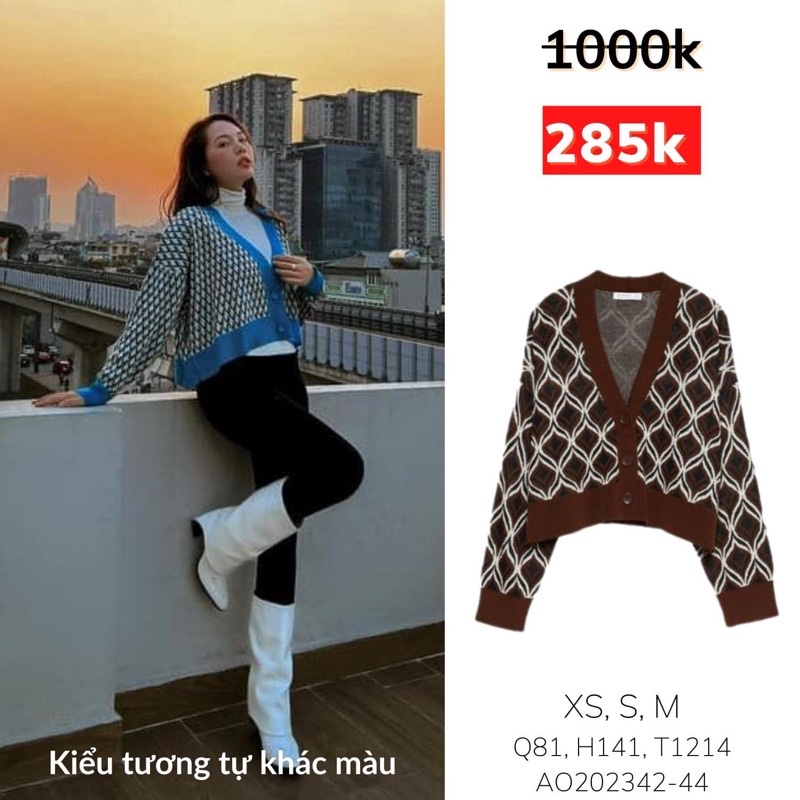 Áo len cardigan dáng ngắn hoạ tiết nâu của Stra size S (NEW)