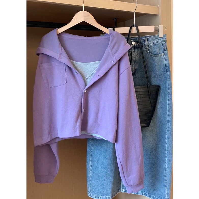 Áo Khoác Cardigan Dáng Ngắn Màu Tím Thời Trang Xuân Thu Cao Cấp 54637