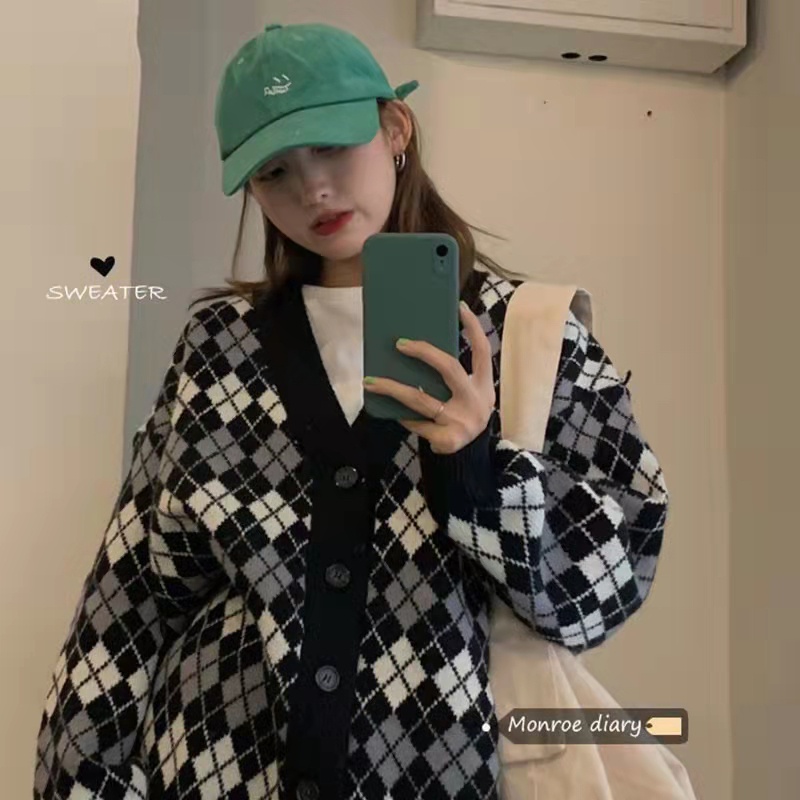 Áo cardigan len Quảng châu họa tiết ziczac caro màu đen trắng phong cách hàn quốc vintage ulzzang AC6 | BigBuy360 - bigbuy360.vn