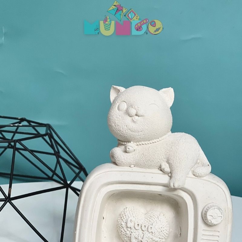 Tượng tô màu cao cấp (có màu cọ) chọn mẫu SIZE X MÈO LƯỜI TRÊN TIVI, tượng thạch cao MUNDO