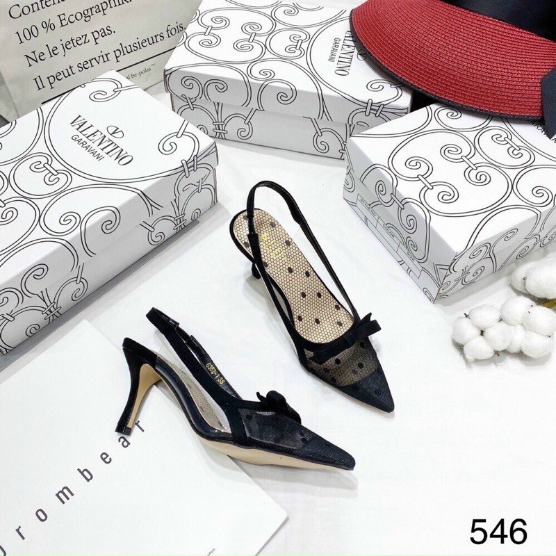 Sandal cao gót bít mũi lưới bi nơ mã 546