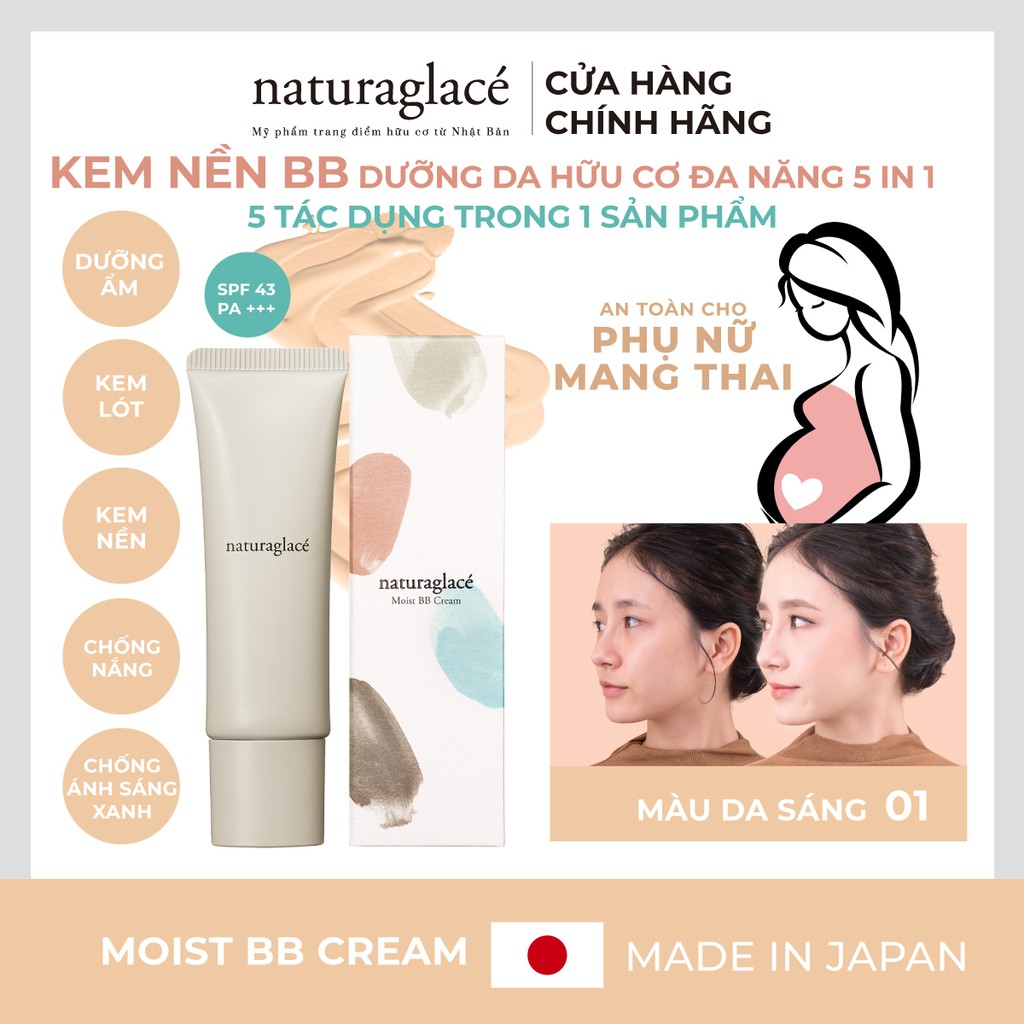 Kem nền hữu cơ Moist BB cream naturaglacé Nhật Bản, an toàn cho mẹ bầu và da nhạy cảm 27g (01- Màu da sáng)