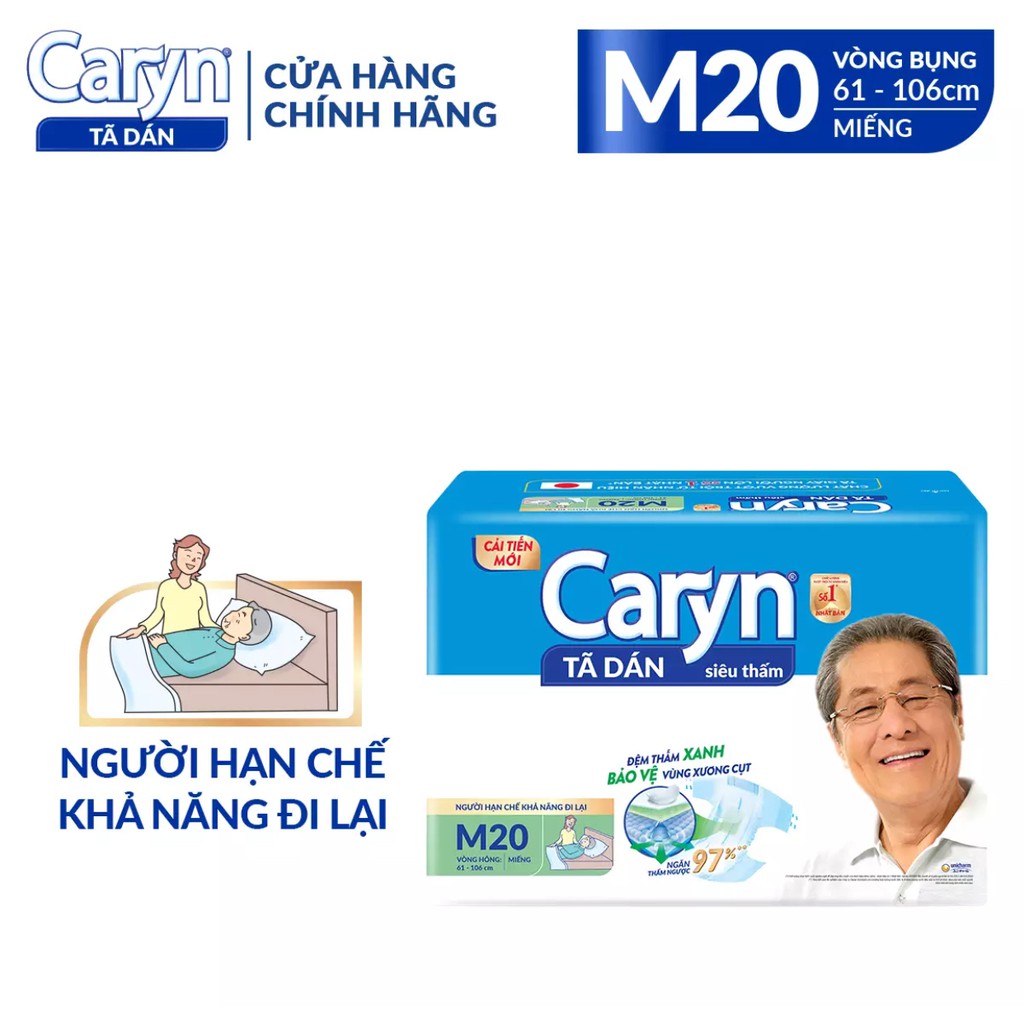 Tã Bỉm Dán Người Lớn Caryn Siêu Thấm Size M20,ML20,XL20 Miếng Dành Cho Người Già Hạn Chế Khả Năng Đi Lại