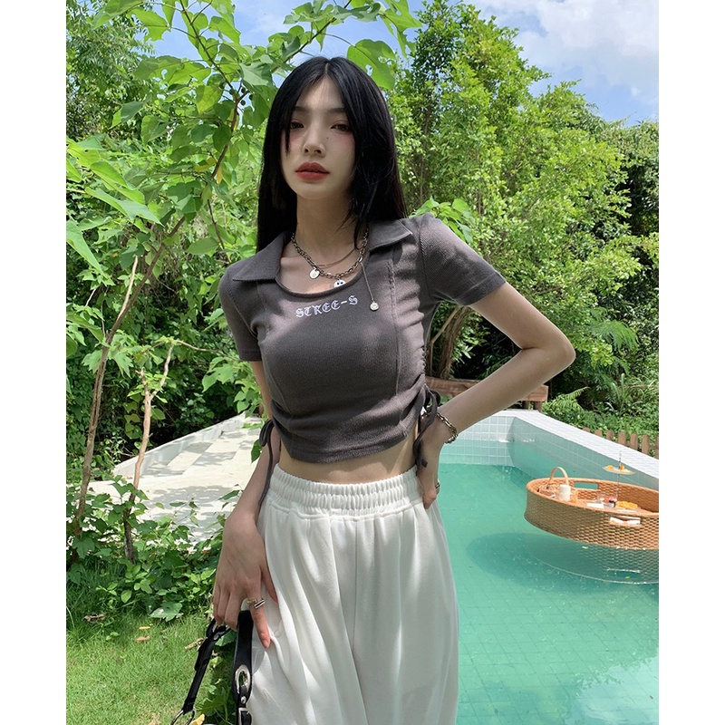 Áo croptop dệt kim QKOOLE tay ngắn dáng ôm phong cách Hàn Quốc cổ điển thời trang cho nữ