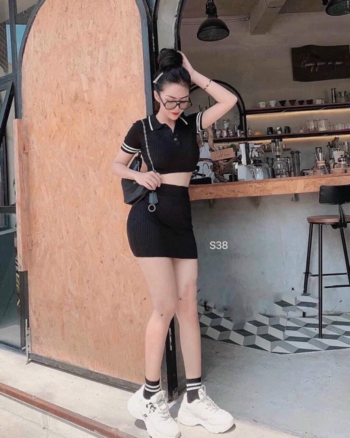 Set len croptop kèm chân váy