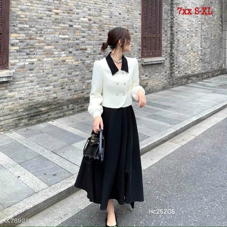 H1-Set áo cổ phối và chân váy xoè