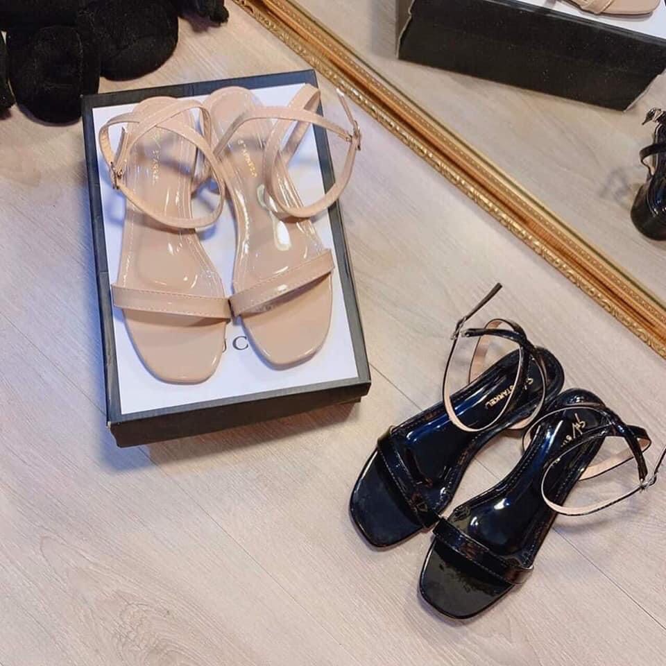 Dép sandal đế bệt da bóng quai mảnh có 2 màu đen, hồng