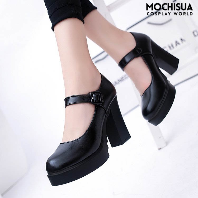 Giày Mary Janes Cao Gót Đen Bít Mũi Lolita - CG001