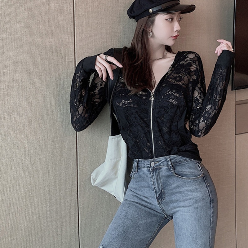 Áo Khoác Ren Mỏng Có Mũ Trùm Đầu Dáng Ngắn Thời Trang Dành Cho Nữ