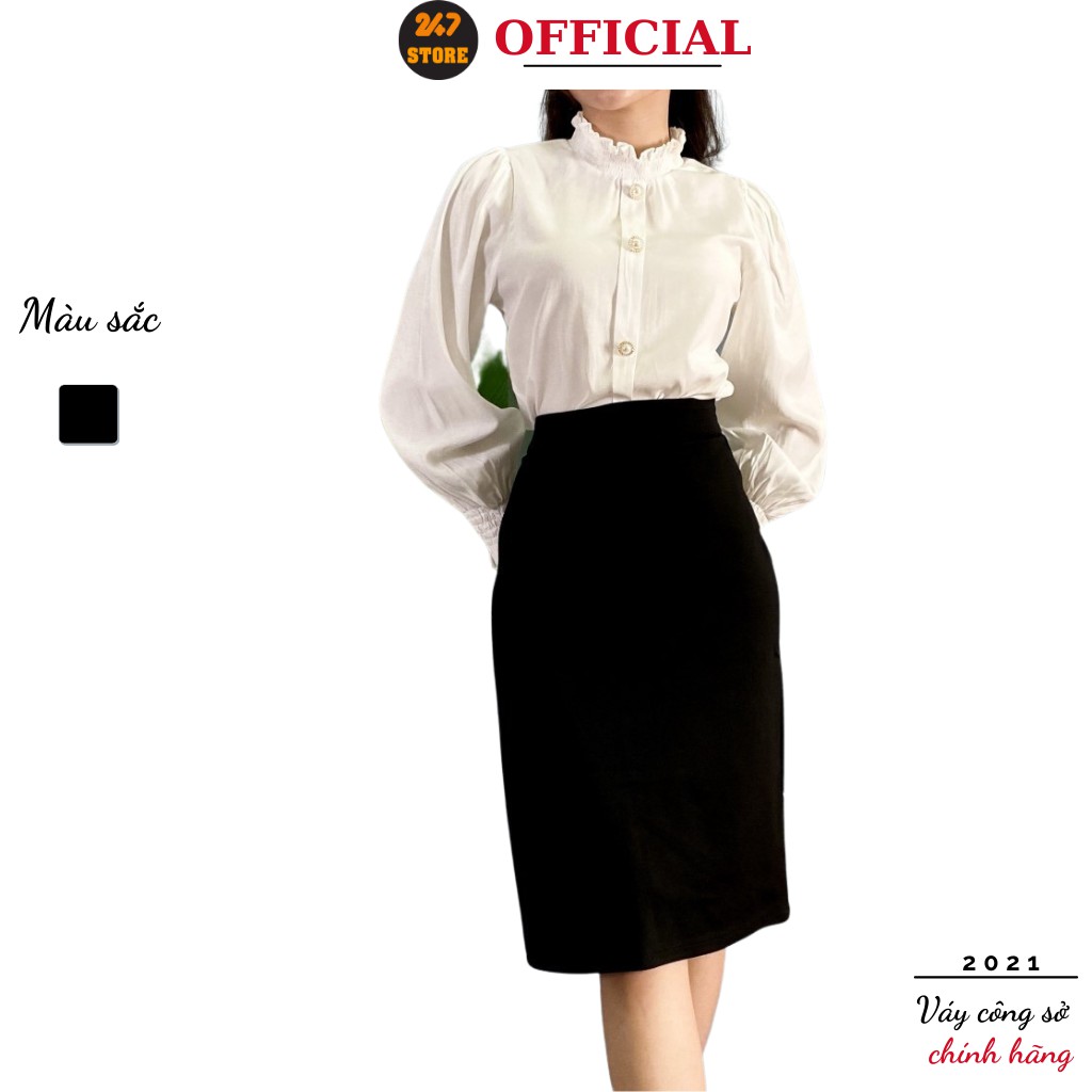 Chân váy midi công sở 247STORE (màu đen), dáng dài, cạp cao, chữ A, khóa sau vải tuyết mưa mềm nhẹ,không lộ