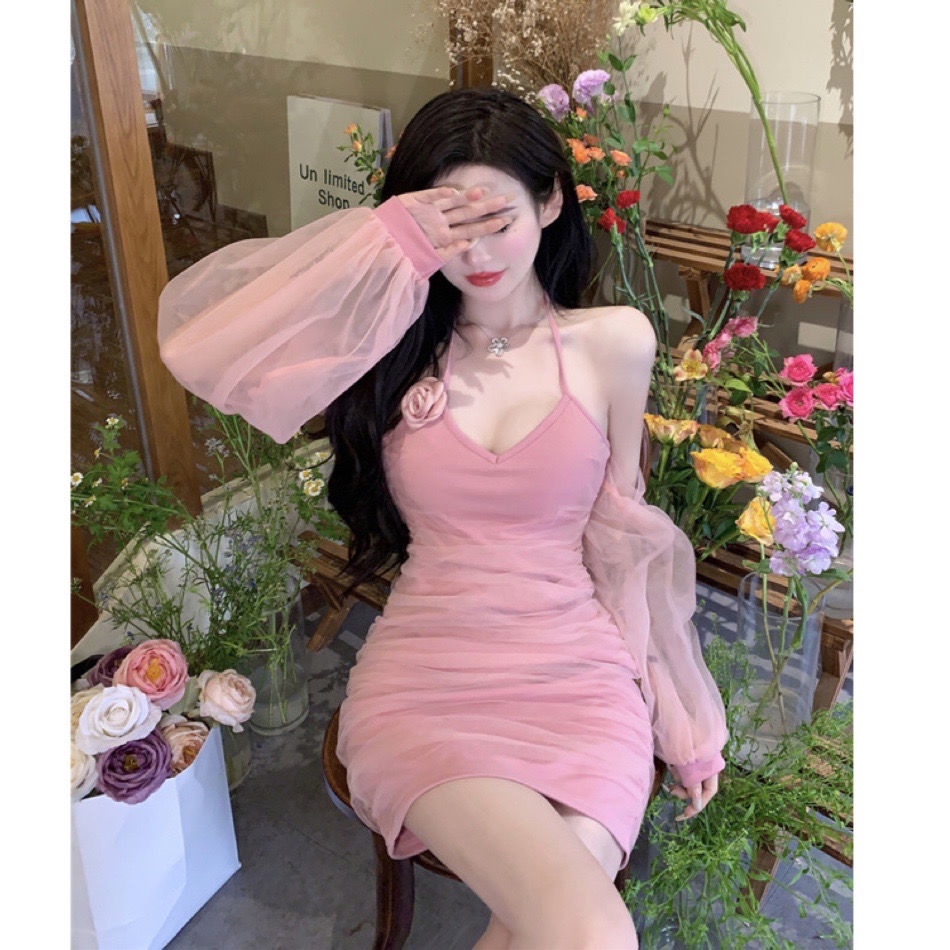 Đầm Tay Phồng Phối Lưới Xếp Ly Ôm Eo Thời Trang Mùa Hè Cho Nữ