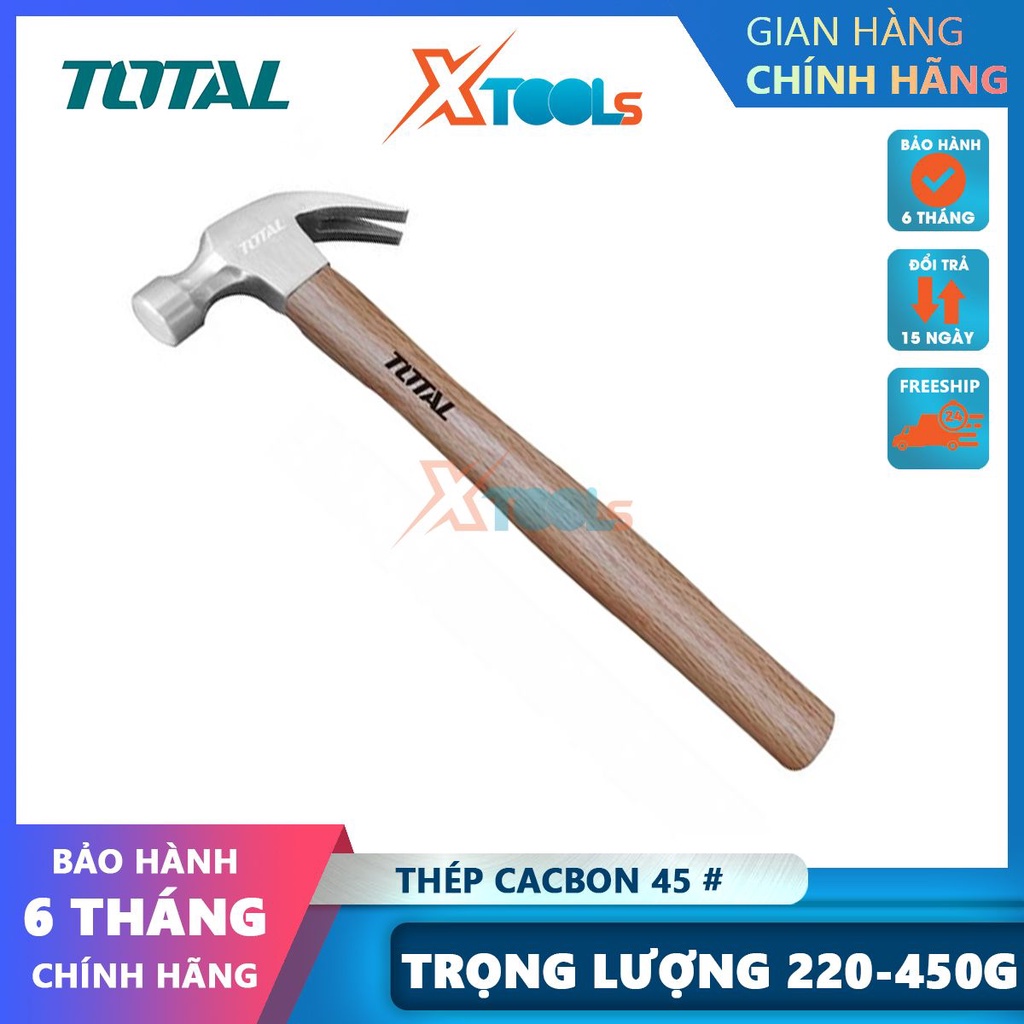 Búa đóng nhổ đinh cán gỗ Total 220g/450g thép cacbon 45 tôi luyện, búa nhổ đinh trợ lực chính hãng [CHÍNH HÃNG][XTOOLS]