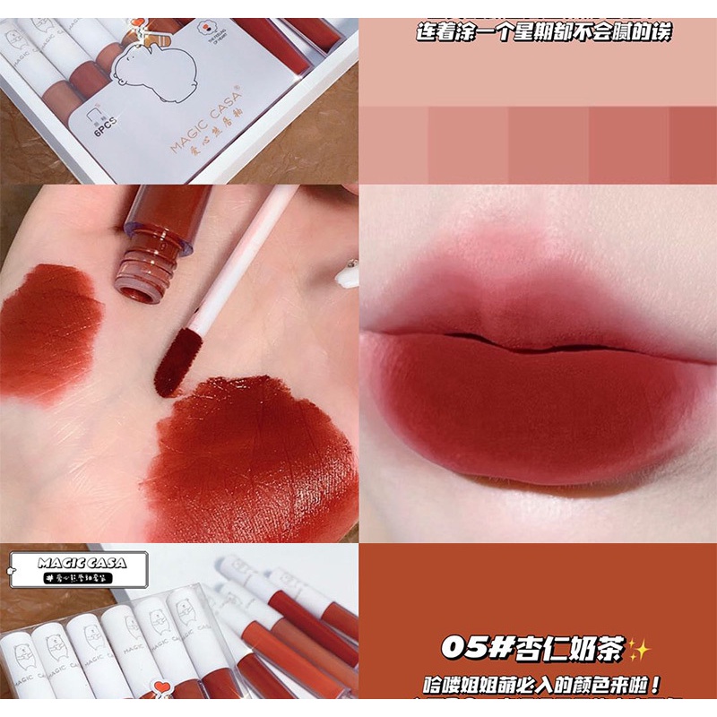 [Hàng mới về] Set 6 Son Kem Lì MAGIC CASA bear Fluffy Lip Glaze velvet Siêu Xinh Chất Mềm Và Mịn Môi Cao Cấp