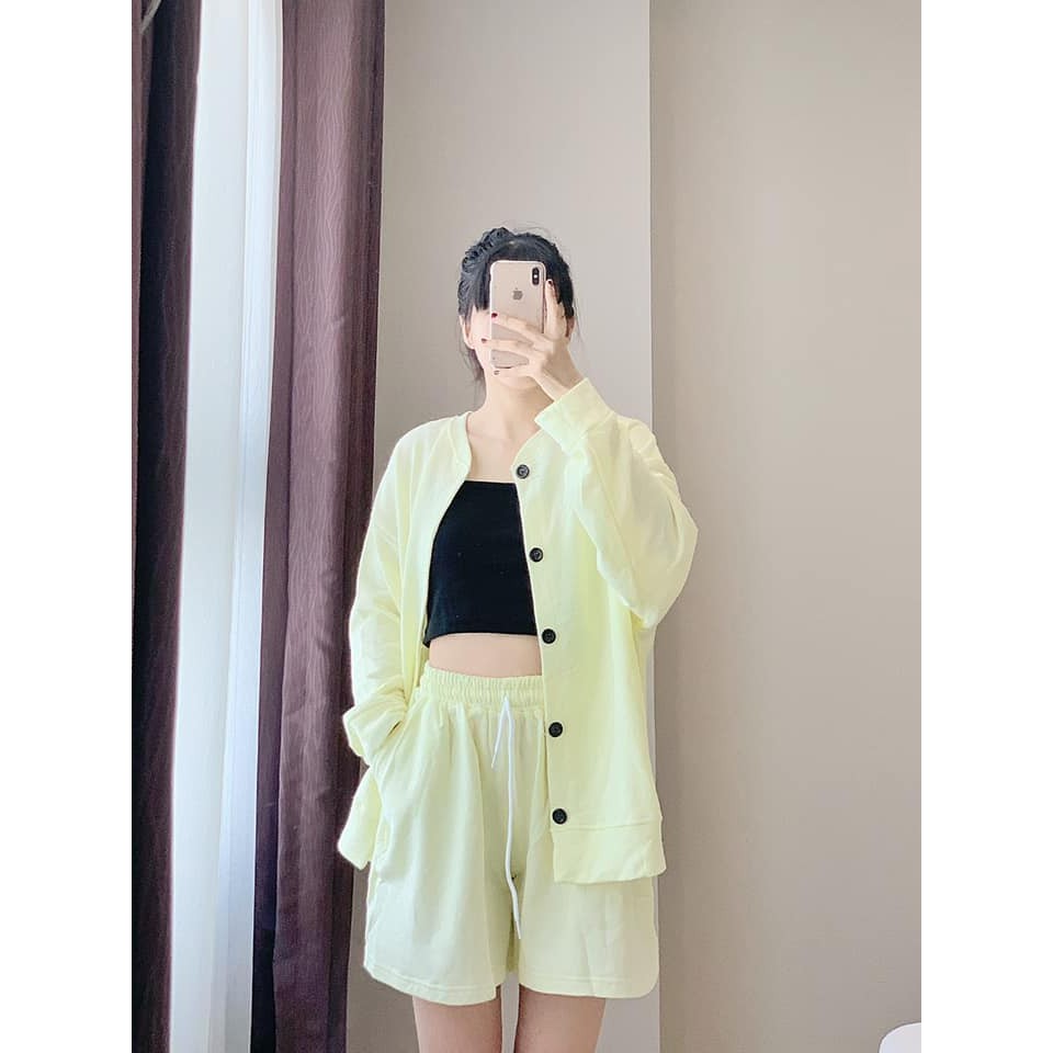 Set Cardigan YAYSHOP dáng rộng basic chất nỉ bông mềm dày dặn - 3 sản phẩm (Áo cardigan + short + bra)