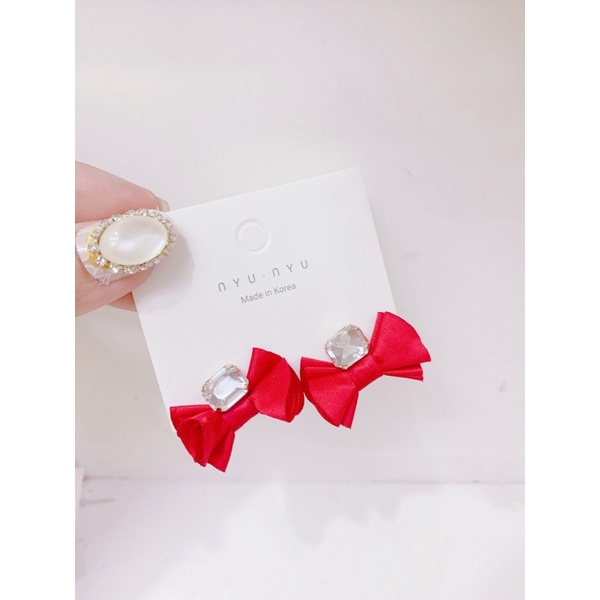 bông tai nơ vải đính đá, khuyên tai ruy băng phong cách hàn quốc