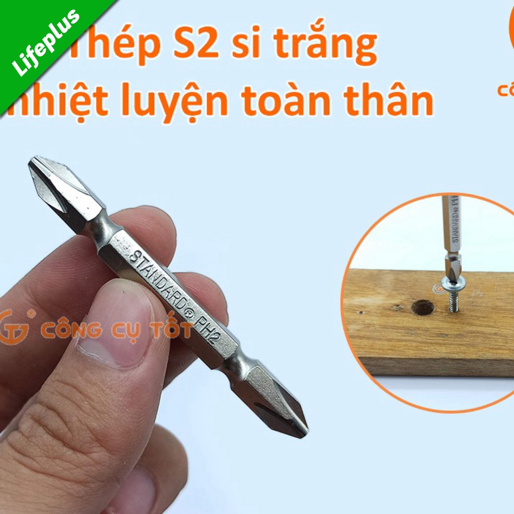 Mũi bắn vít 2 đầu bake thép S2 si trắng Standard Đài Loan dài 65mm