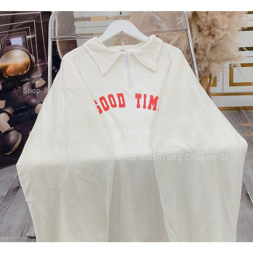 Áo Polo Chất Nỉ Tăm Cổ Bẻ Nam Nữ Phối Cổ Unisex Chữ Good Time Basic Kiểu Dáng Hàn Quốc