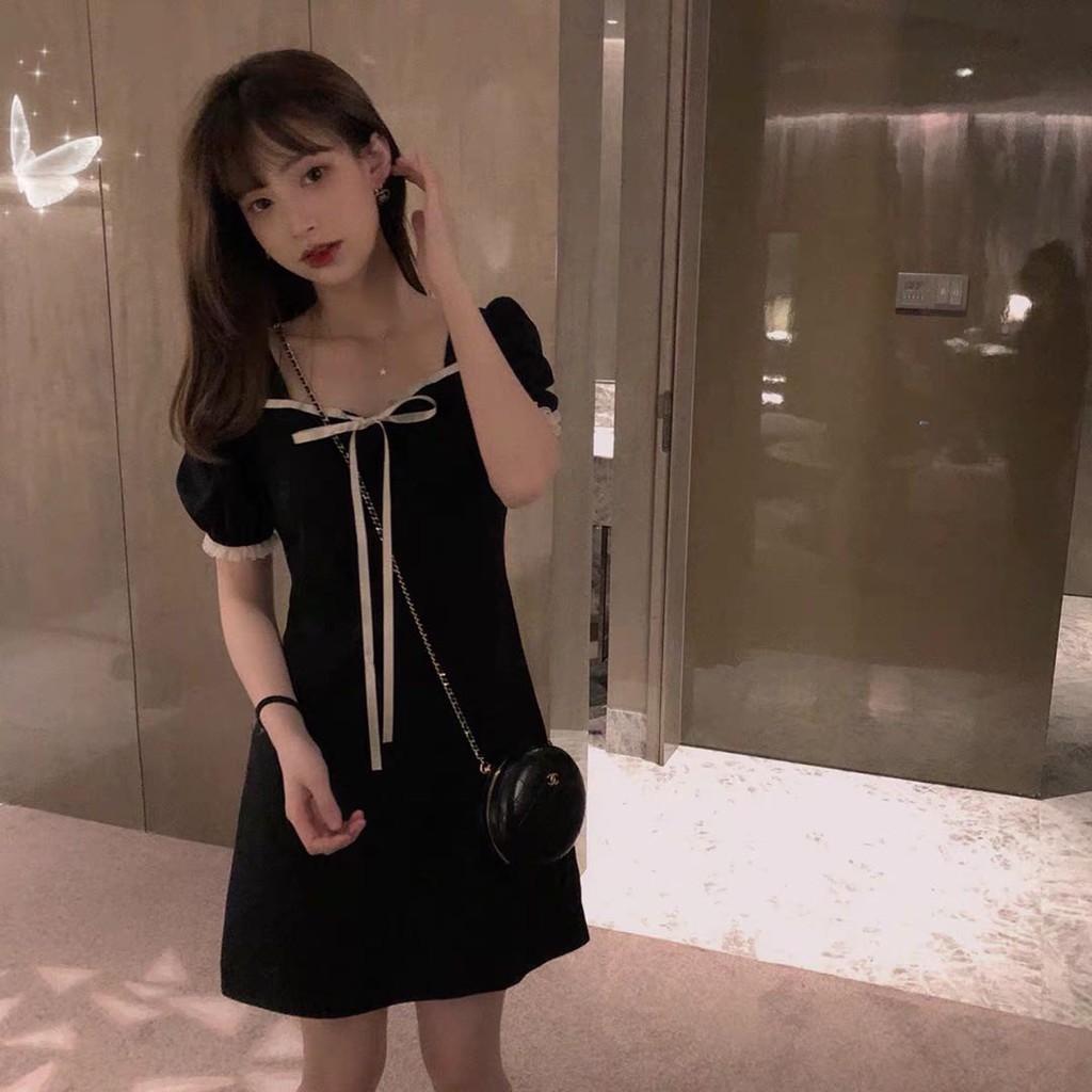 Đầm Xòe Cổ Vuông Thắt Nơ Eo Xinh Xắn Cho Nữ