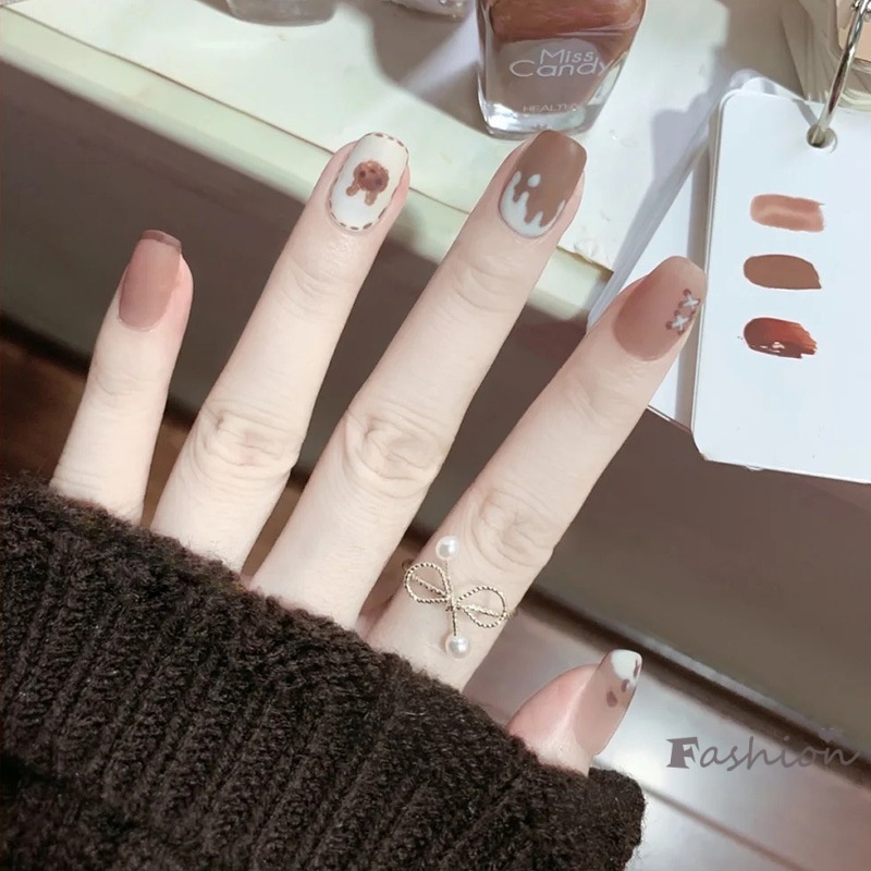 [Hàng mới về] Bộ 24 Móng Tay Giả Dán Keo Kiểu Móng Ngắn Đầu Vuông Họa Tiết Gấu Có Thể Gỡ Được Tiết Kiệm Thời Gian