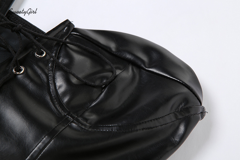 Áo Trễ Vai Không Tay Cột Dây Trước Chất Liệu Da PU Màu Trơn Thời Trang Cho Nữ