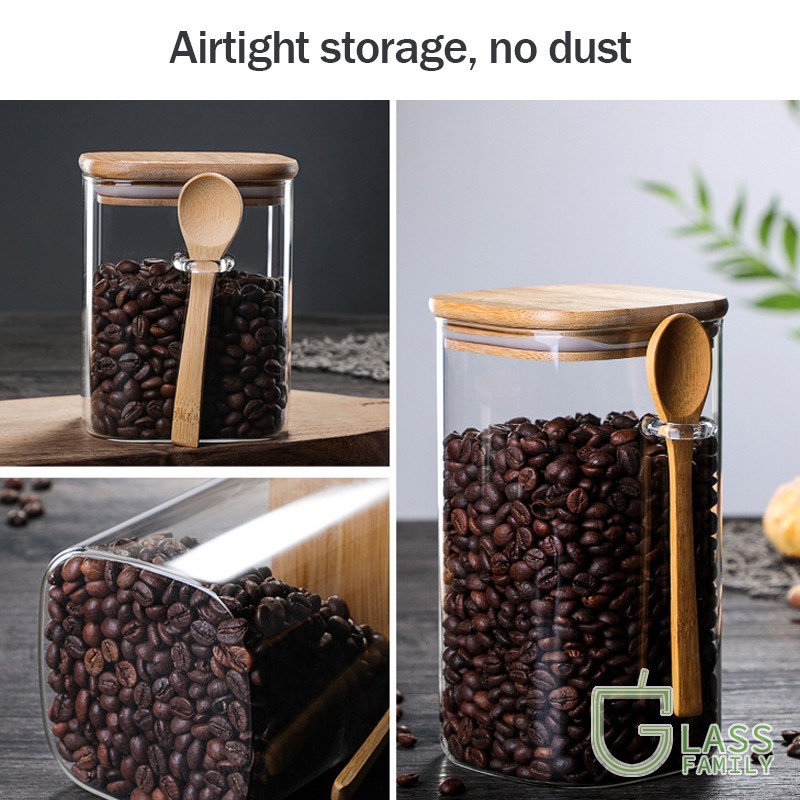 GF 800ml / 1000ml / 1200ml Hũ bảo quản thực phẩm trong suốt Hũ thủy tinh Hũ kín có nắp tre + thìa
