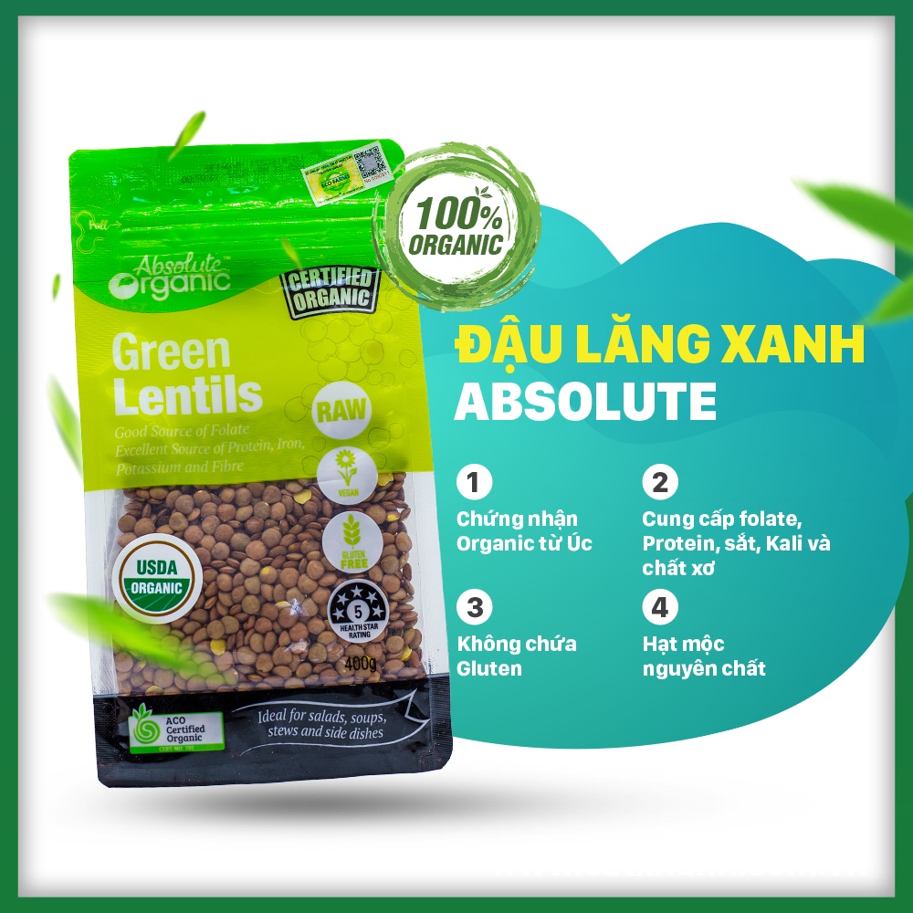 Đậu lăng xanh/đỏ hữu cơ Absolute Organic túi 400gr