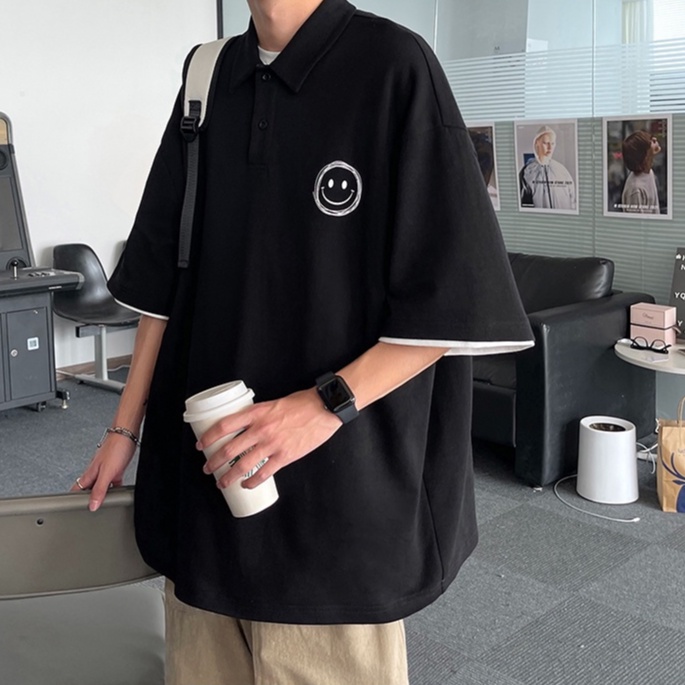 áo thun nam có cổ phong cách Hàn Quốc áo polo unisex đơn sắc áo polo tiếng Nhật đen áo thun thể thao bông Áo Mùa Hè Nam